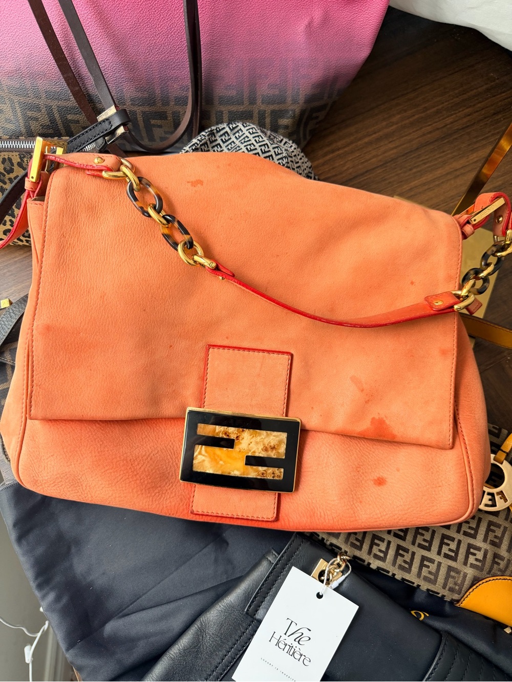 Fendi large baguette Suede Shoulder Bag with Tortoiseshell Accent